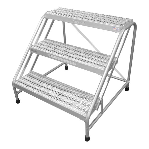 A white metal Cotterman 3-step aluminum step ladder with wheels.