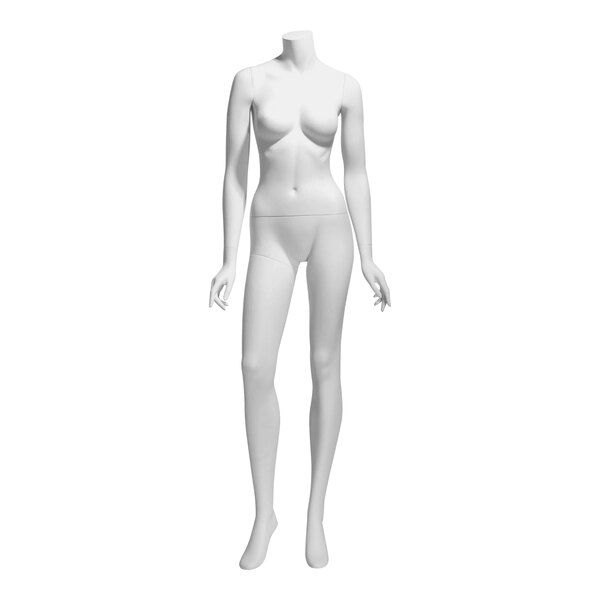 A white headless female mannequin with arms at sides and right leg forward.
