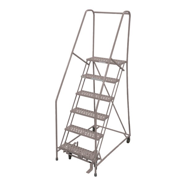 A gray powder-coated steel Cotterman rolling ladder with a handrail and perforated steps.