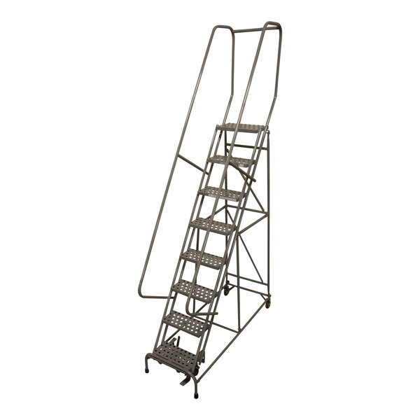 A gray powder-coated steel Cotterman rolling ladder with steps and wheels.