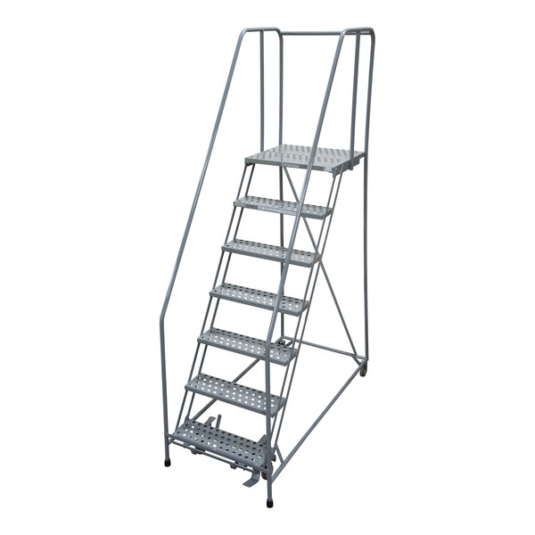 A Cotterman gray steel rolling ladder with perforated steps and handrails.