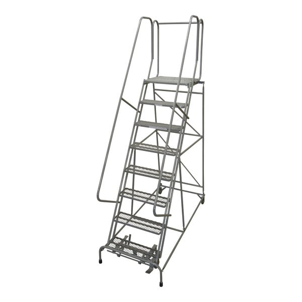 A gray metal Cotterman rolling ladder with metal steps.