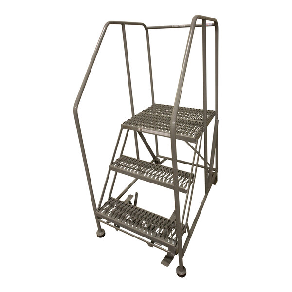 A Cotterman gray powder-coated steel rolling work platform with three steps and wheels.