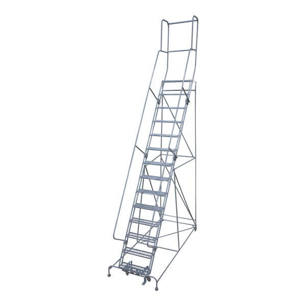 A gray powder-coated metal Cotterman rolling ladder with perforated steps.
