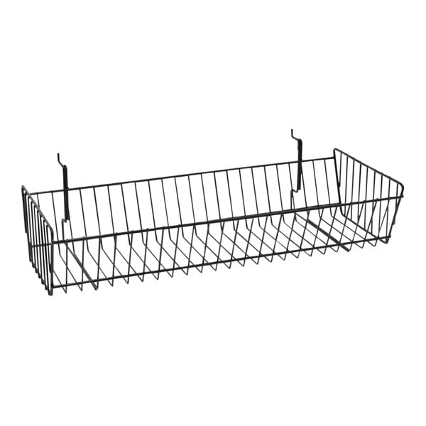 A black steel wire basket for a grid display with two hooks.