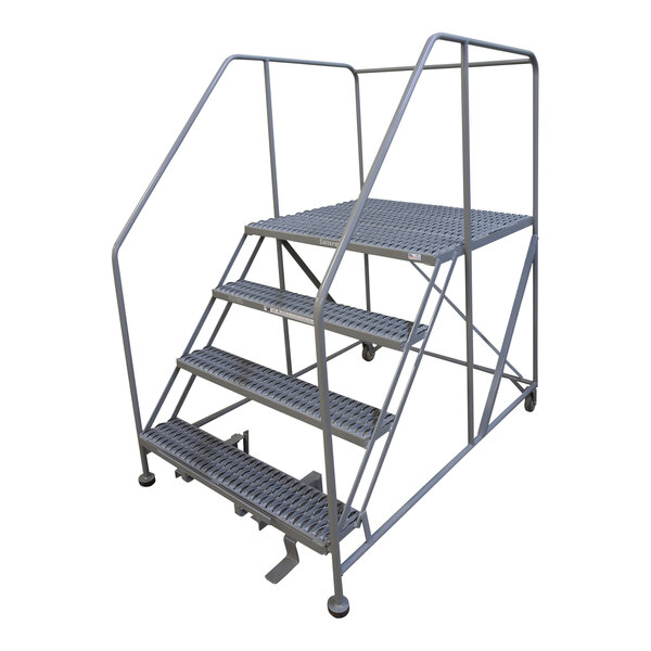 A gray powder-coated steel rolling work platform with metal steps and bars.