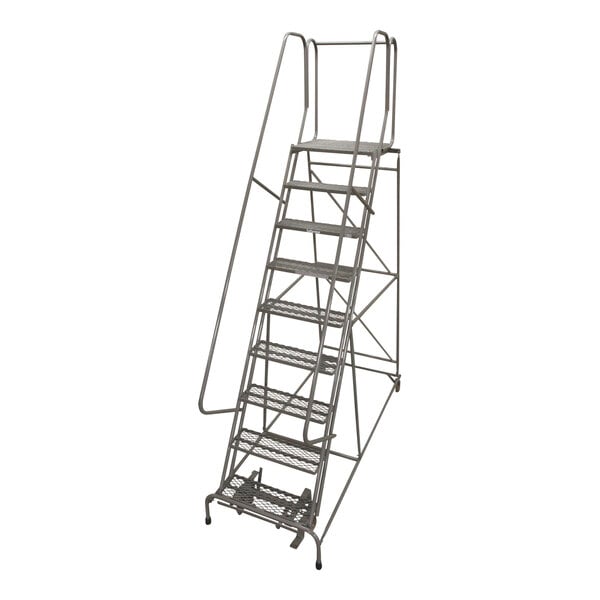 A gray powder-coated metal Cotterman rolling ladder with steps.