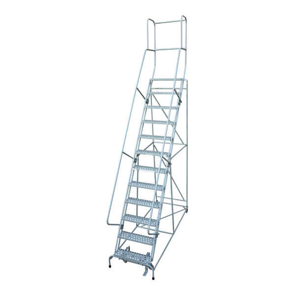 A gray powder-coated steel Cotterman rolling ladder with steps.