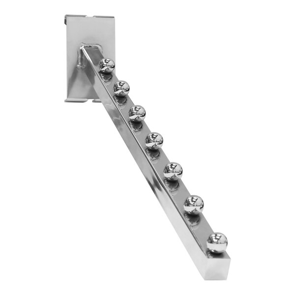 A chrome metal waterfall hook with 7 ball hooks on it.
