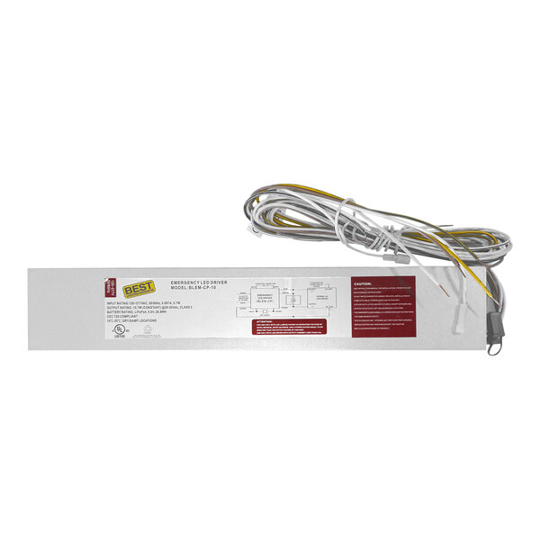 A white rectangular Lavex emergency LED driver with yellow and red wires.