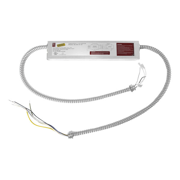 A white rectangular Lavex emergency LED driver with wires attached.