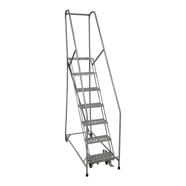 A gray powder-coated steel Cotterman rolling ladder with wheels.