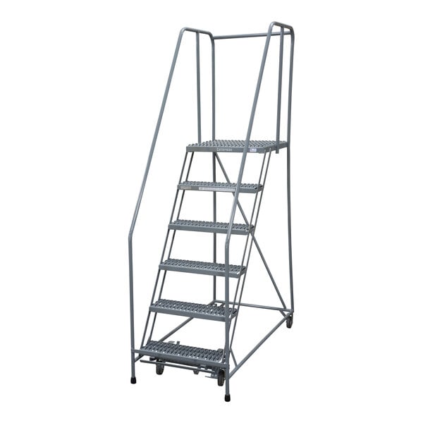 A Cotterman gray powder-coated steel rolling ladder with perforated tread and wheels.