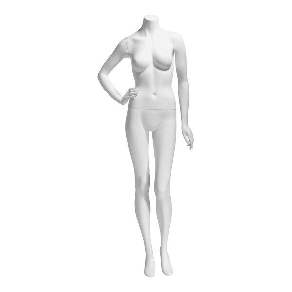 A headless female mannequin with a white dress, right hand on hip, and left leg bent.