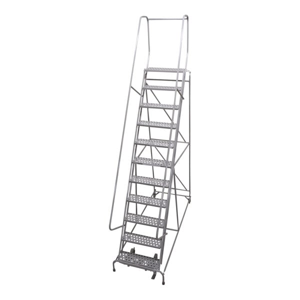 A gray powder-coated steel Cotterman rolling ladder with perforated steps.