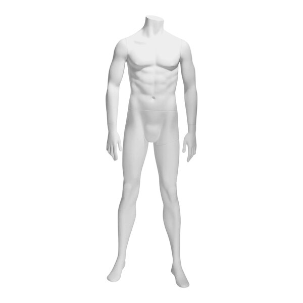 A full shot of a white Econoco male mannequin with arms at its sides.