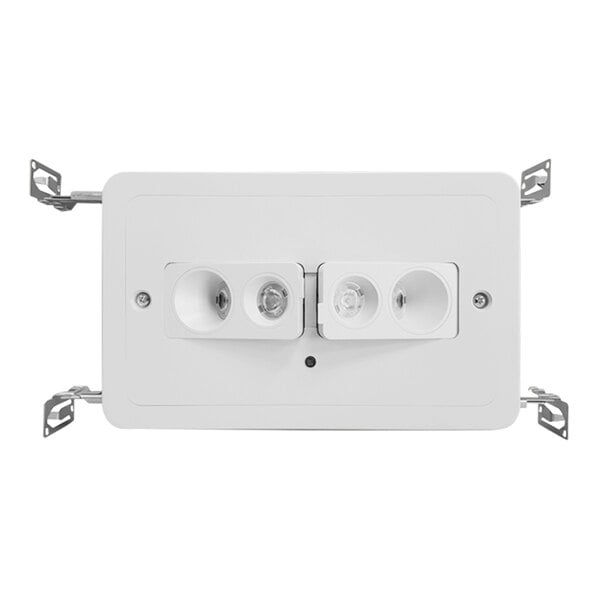 A white rectangular Lavex emergency light with three lights.
