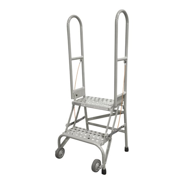 A silver metal Cotterman rolling ladder with perforated steps and a handle.