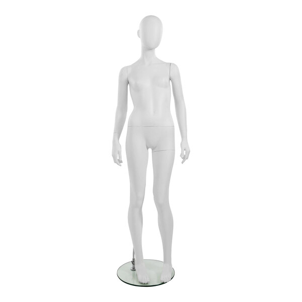 A white Econoco City Kid female mannequin with a clear base.