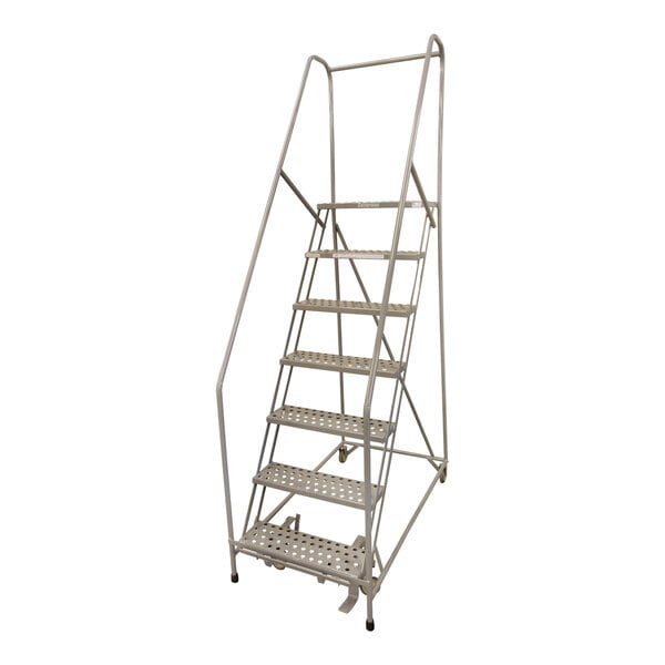 A Cotterman gray powder-coated steel rolling ladder with perforated tread and a handrail.