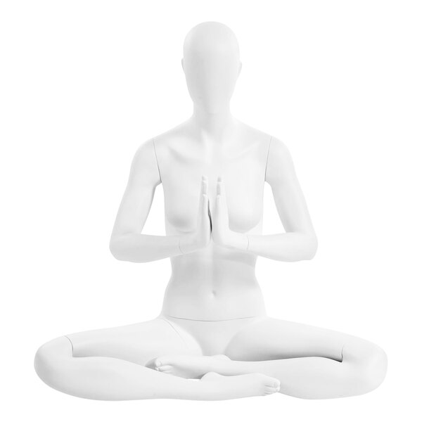 A white Econoco female mannequin seated in a lotus yoga pose.