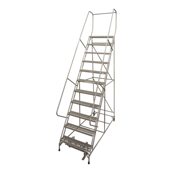 A gray powder-coated steel Cotterman rolling ladder with steps and a handrail.