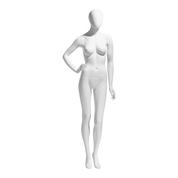 An Econoco Eve female oval head mannequin with right hand on hip and left leg bent wearing a white dress.
