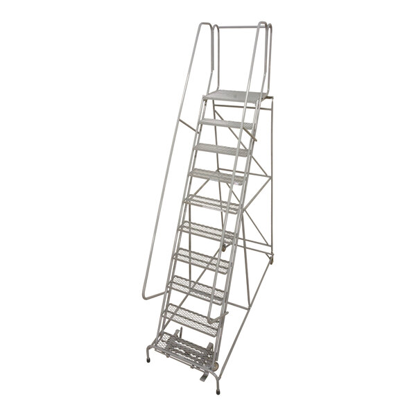 A gray metal Cotterman rolling ladder with perforated metal steps.