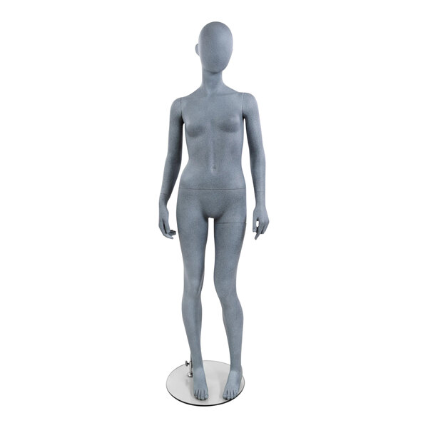 An Econoco female mannequin with gray finish standing on a white base.