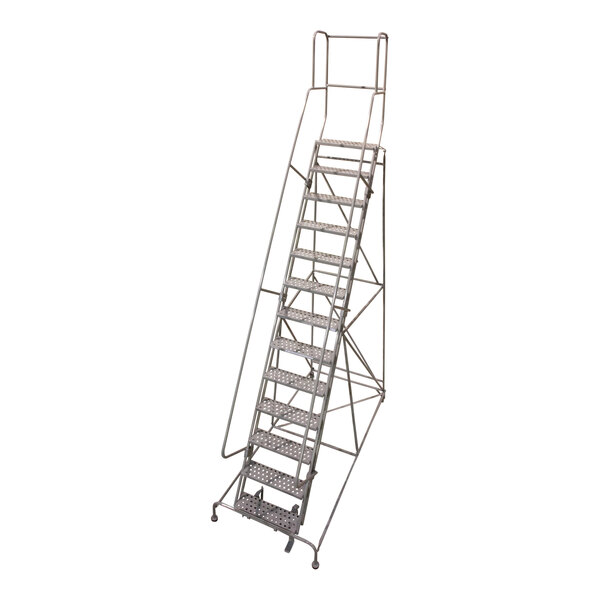 A close-up of a Cotterman gray powder-coated steel rolling ladder with steps and wheels.