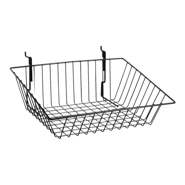 A black steel slanted wire basket with a handle.
