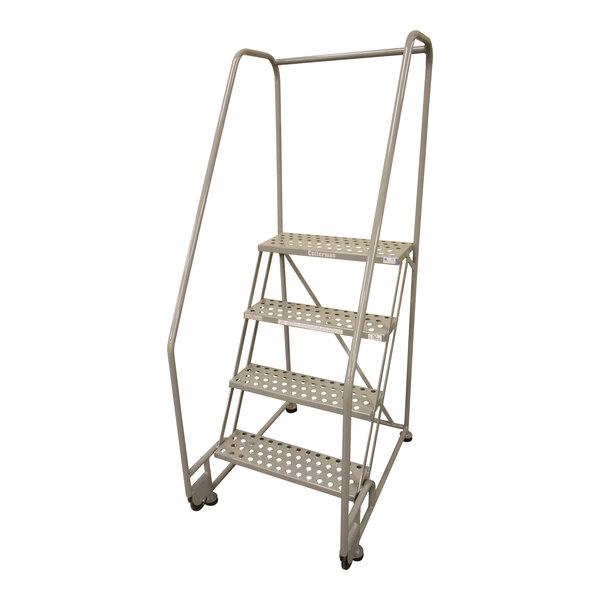 A gray powder-coated steel Cotterman rolling ladder with four steps and a handle.