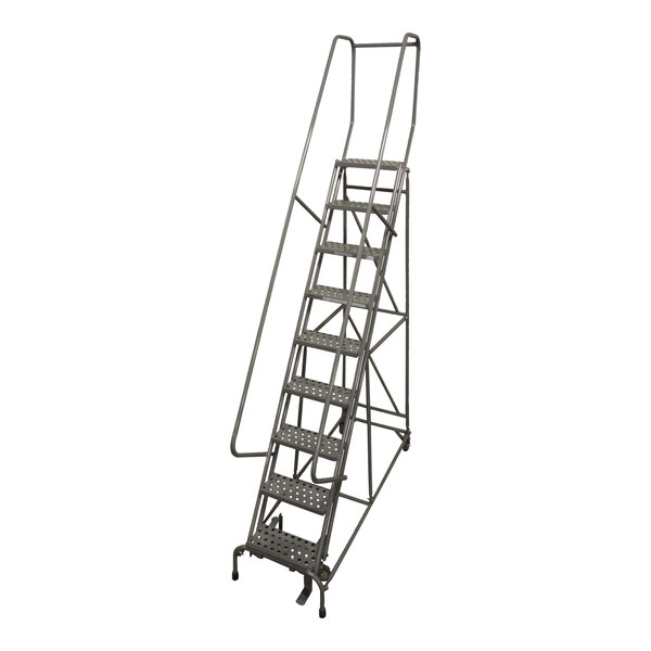 A gray metal Cotterman rolling ladder with perforated steps.