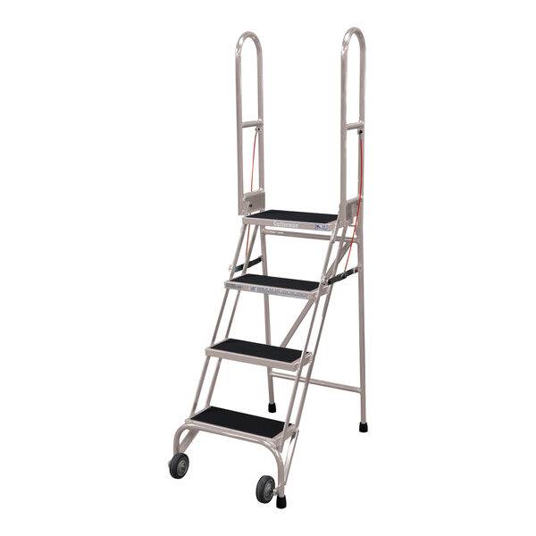 A gray Cotterman folding rolling ladder with four steps and wheels.