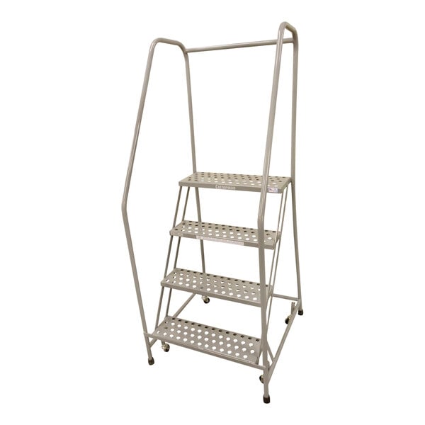 A gray powder-coated steel Cotterman rolling ladder with four steps and wheels.