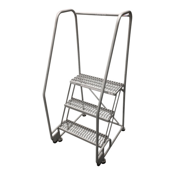 A Cotterman gray powder-coated steel 3-step ladder with wheels.
