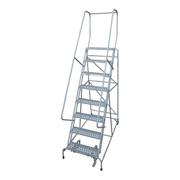 A gray powder-coated steel Cotterman rolling ladder with metal bars and steps.