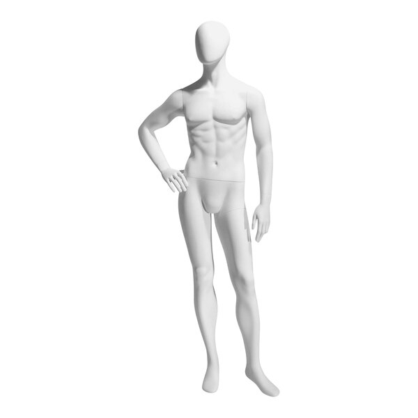 A white Econoco male mannequin with right hand on hip and left leg forward.
