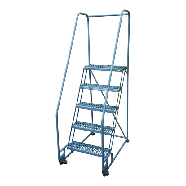 A gray powder-coated steel Cotterman rolling ladder with wheels.