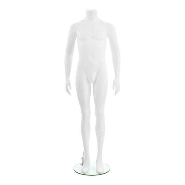 A white male headless mannequin with arms standing on a glass base.