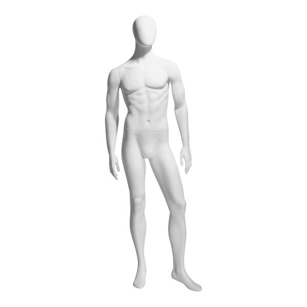 A white male mannequin with arms at sides and left leg forward.