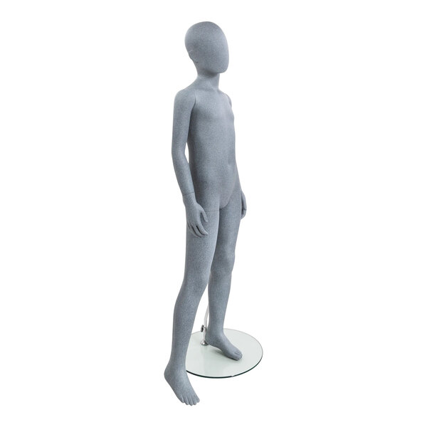 An Econoco Slate 8-Year-Old Unisex Mannequin standing on a glass base.