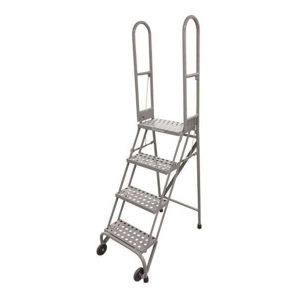 A Cotterman gray powder-coated steel rolling ladder with 4 steps and wheels.