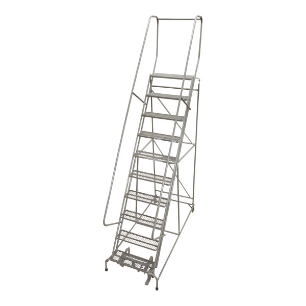 A Cotterman gray powder-coated steel rolling ladder with perforated tread and a handrail.