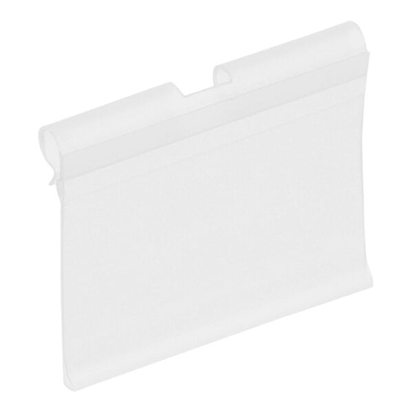 A white plastic T-style label holder for a small piece of paper with a curved edge.
