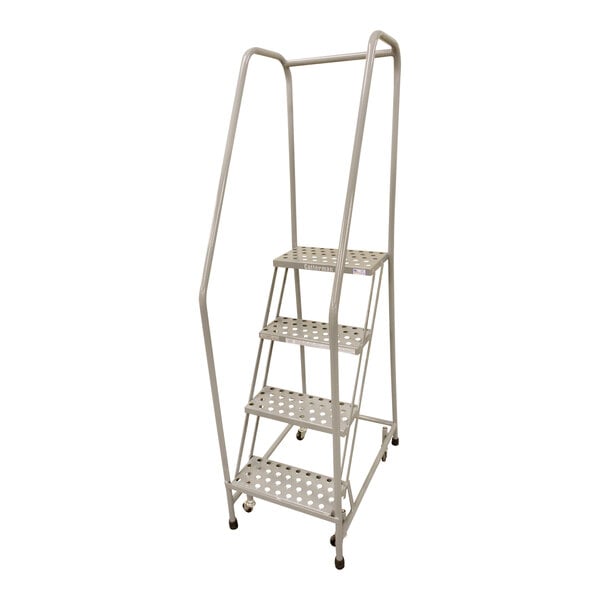 A gray metal Cotterman rolling ladder with perforated steps and four steps.
