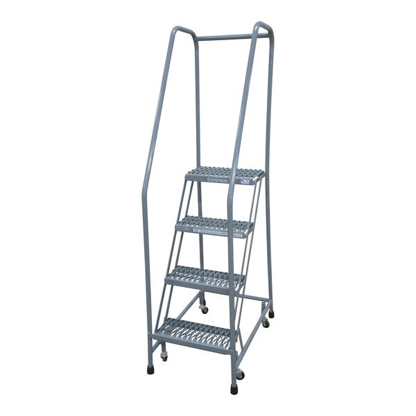 A gray powder-coated steel Cotterman rolling ladder with three steps.