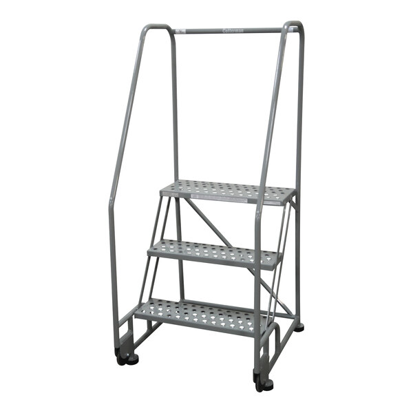 A gray powder-coated steel Cotterman rolling ladder with three steps and wheels.