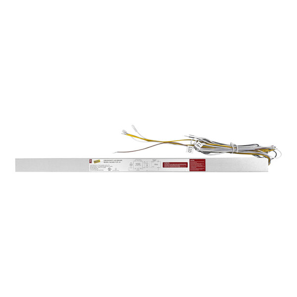 A long white rectangular Lavex emergency LED driver with yellow and white wires.