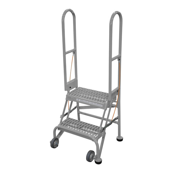 A grey Cotterman folding rolling ladder with wheels and orange straps.